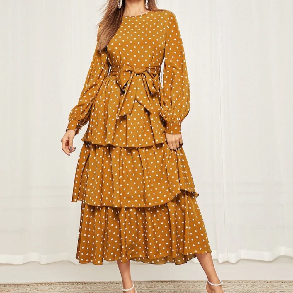 🎉NEW Polka dot self belted layered hem dress